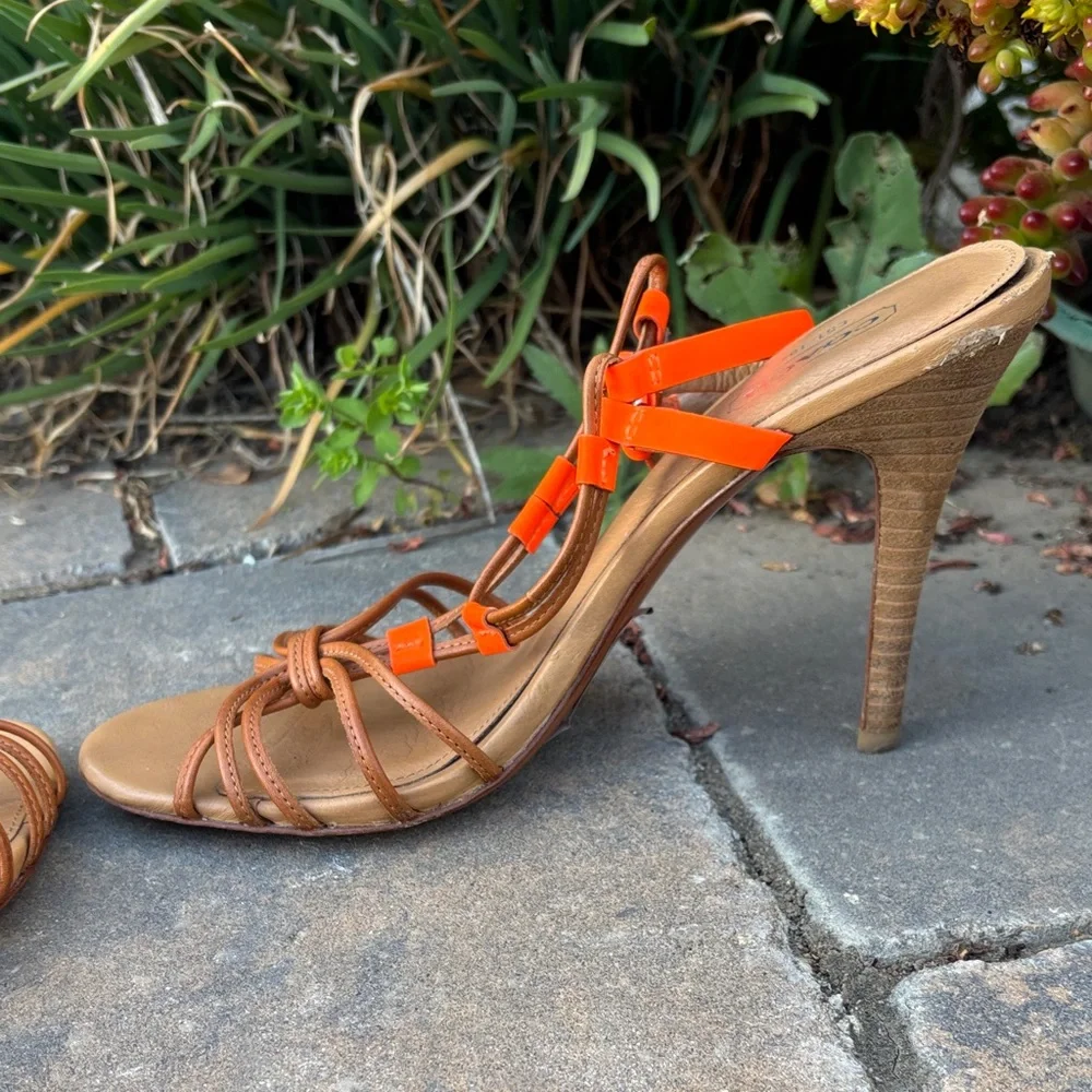 Coach Women's Lana Leather Tan and Orange Strappy Heels‎